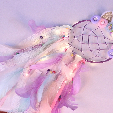 Unicorn Dreamcatcher With LED Lights Handmade Colorful Feather Wall Hanging For Bedroom Girls Room Decor Romantic