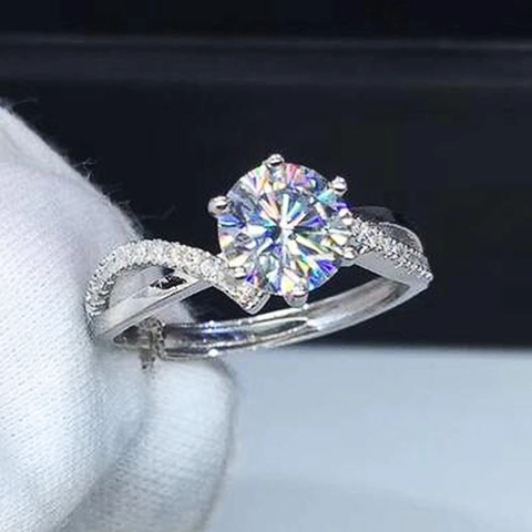 Women Engagement Ring Copper Round Cubic Zirconia Six Prong Setting Micro Pave Twisted Band White Gold Plated