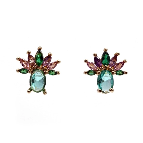 Colorful Cubic Zirconia Stud Earrings Copper Gold Plated Geometric Waterdrop Floral Vintage Jewelry For Women