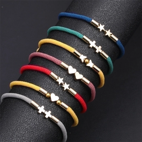 Bracciale In Corda Intrecciata A Mano Con Ciondoli In Rame Cuore Croce Stella Regolabile Moda Per Donna