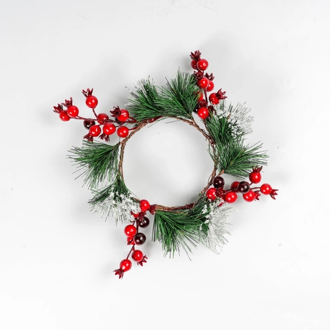 Couronne Anneau De Bougie Noël Aiguilles Pin PVC Artificielles Baies Rouges Mousse Décoration Table Fête Maison