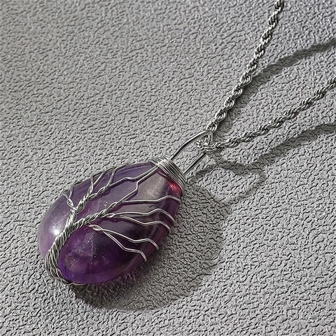 Tree Of Life Pendant Necklace Natural Gemstone Wire Wrapped Alloy Water Drop Retro Bohemian Vintage Jewelry For Women