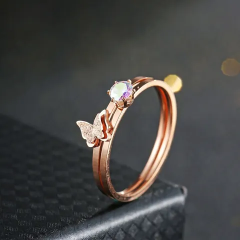 Butterfly Ring And Round Iridescent Zircon Ring Rose Gold Stainless Steel Elegant Fashion Jewelry For Women Sweet Style Accessory