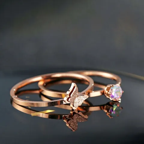 Butterfly Ring And Round Iridescent Zircon Ring Rose Gold Stainless Steel Elegant Fashion Jewelry For Women Sweet Style Accessory