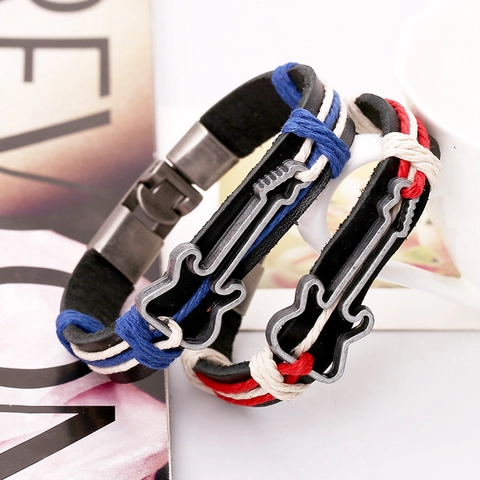 Retro Gitarre Anhänger Armband Handgewebt Legierung Rindsleder Punk Musik Schmuck Für Herren Damen