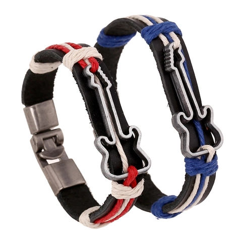 Retro Gitarre Anhänger Armband Handgewebt Legierung Rindsleder Punk Musik Schmuck Für Herren Damen