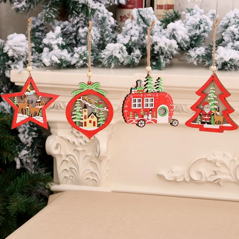 Adornos De Navidad Madera LED Luminoso Colgante Corte Láser Hueco Decoración Festiva Cálida