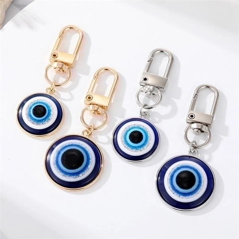 Round Blue Evil Eye Keychain Alloy Resin Nazar Amulet Bag Pendant Charm Ethnic Style Lucky Protection Accessory