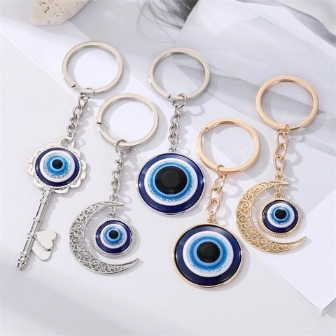 Evil Eye Keychain Alloy Resin Nazar Amulet Protection Hollow Moon Retro Key Shape Bag Charm Ornament