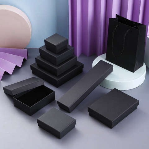 Matte Black Kraft Paper Jewelry Gift Box With Sponge Insert For Necklace Earring Ring Bracelet Cardboard Packaging Display Box