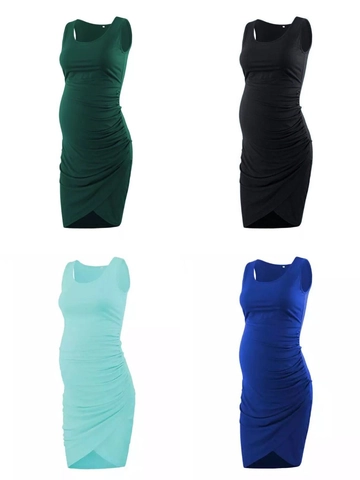 Sleeveless Ruched Maternity Dress Round Neck Bodycon Side Ruched Pregnancy Pencil Dress Stretch Polyester Solid Color