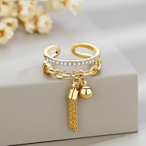 Copper Open Ring Cubic Zirconia Double Layer Cuban Chain Tassel Dangle Ball Adjustable Women Jewelry Simple Ins Style