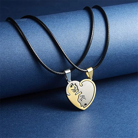Cat Pendant Necklace Stainless Steel Heart Shaped Puzzle Splicing Hollow Out Minimalist Cute For Couples Friends Lovers Jewelry