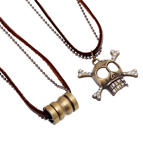 Collana Con Pendente Teschio Ossa Incrociate Cilindro Vintage Punk Strati Cordino In Pelle Catena Perline Metallo Strass Lega