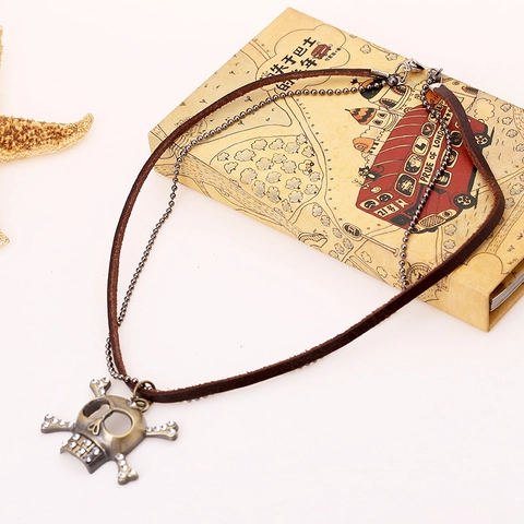 Collana Con Pendente Teschio Ossa Incrociate Cilindro Vintage Punk Strati Cordino In Pelle Catena Perline Metallo Strass Lega