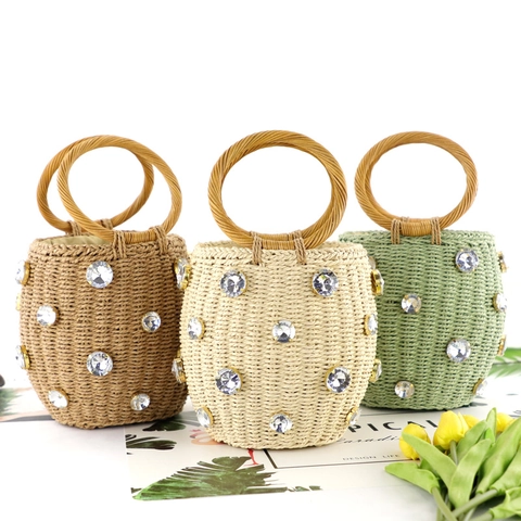 Dames Stro Emmer Handtas Met Strass Zomer Strand Vakantie Trekkoord Rond Handvat Retro Stijl