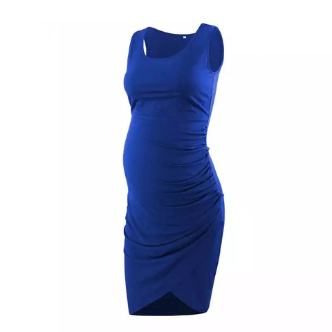 Sleeveless Ruched Maternity Dress Round Neck Bodycon Side Ruched Pregnancy Pencil Dress Stretch Polyester Solid Color