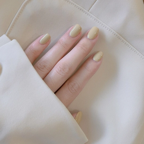 Solid Color Short Press On Nails Minimalist Beige Glossy Waterproof Full Cover Fake Nails Detachable Artificial