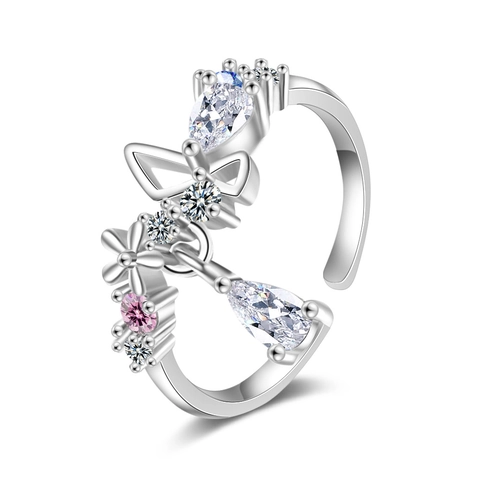 Anillo In Rame Farfalla Fiore Da Donna Regolabile Aperto Zirconia Cubica Ciondolo Goccia D'acqua Gioielli