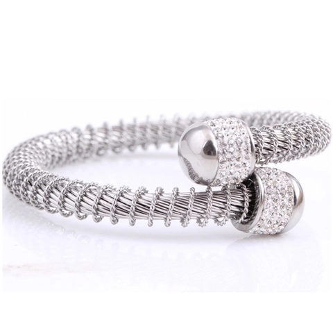 Brazalete De Acero Inoxidable Tejido Cable Con Diamantes De Imitación Pulsera De Puño Abierto Para Mujer Joyería Elegante