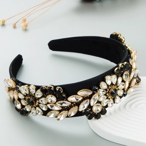 Cerchietto Largo Barocco Strass Cristallo Fiore Foglia Motivo Lusso Velluto Tessuto Accessorio Capelli Donne Festa Moda