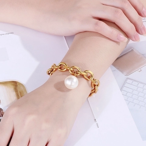 Bracciale a Catena Grossa in Acciaio Inossidabile di Nicchia per Donna Con Grande Ciondolo in Perla Artificiale Oro Argento