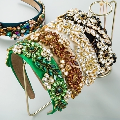 Cerchietto Largo Barocco Strass Cristallo Fiore Foglia Motivo Lusso Velluto Tessuto Accessorio Capelli Donne Festa Moda