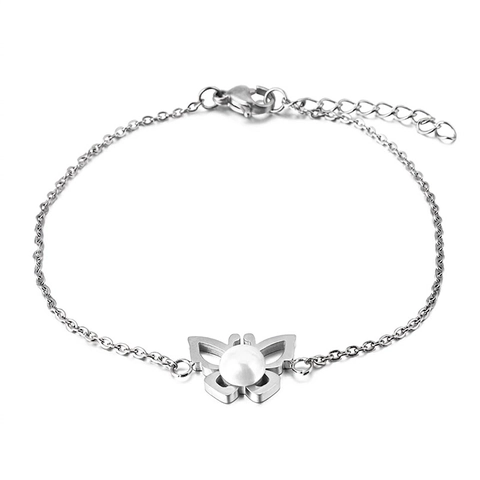 Pulsera De Mariposa De Acero Inoxidable Con Perla Artificial De Concha Incrustada Colgante De Mariposa Hueca Joyería Elegante