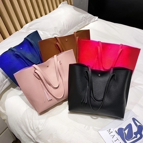 Women Large Capacity Tote Bag Pebbled PU Leather With Tassel Charm Magnetic Closure Daily Commute Casual Style