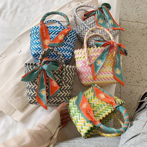 Borsa Intrecciata Donna Estate Spiaggia Cesto Borsa Con Decorazione Sciarpa Di Raso Vacanze Casual Moda Tendenza