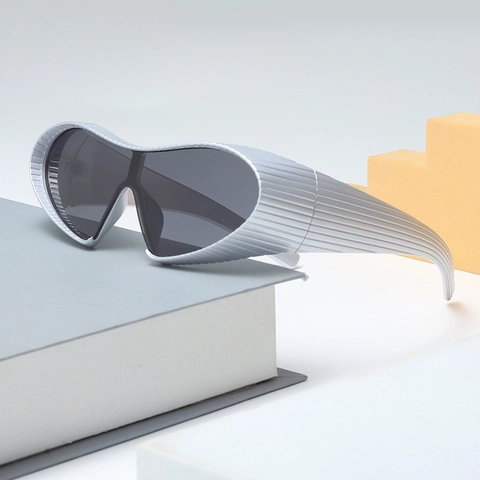 Futuristic Wrap Around Sports Sunglasses UV400 Polarized Ribbed Texture Frame Cyberpunk Y2K Fashion Eyewear For Men Women