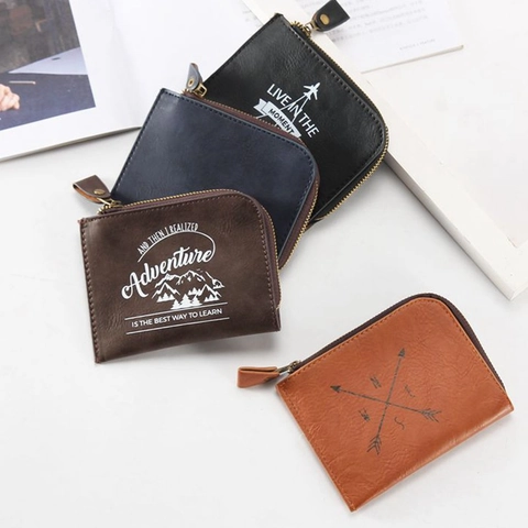 Men Vintage PU Leather Coin Purse Mini Portable Zipper Wallet Retro Travel Adventure Print Small Money Pouch