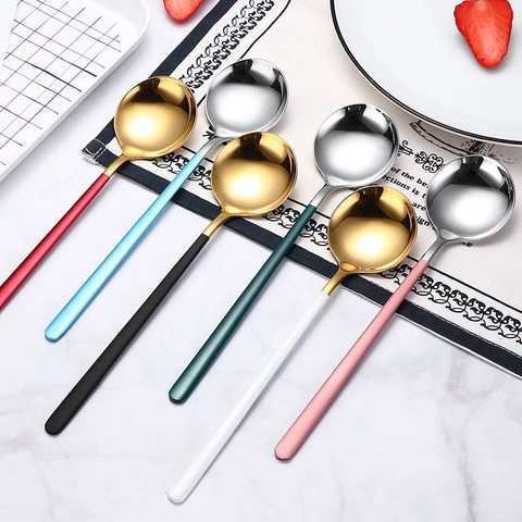 Cucchiaio Rotondo E Forchetta Minimalista In Acciaio Inox Con Manico Lungo Colorato Stoviglie Dessert Lucidate