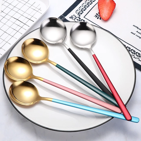 Cucchiaio Rotondo E Forchetta Minimalista In Acciaio Inox Con Manico Lungo Colorato Stoviglie Dessert Lucidate