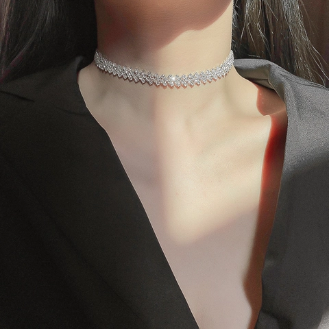 Luxurious Full Zirconia Choker Necklace For Women Shiny Geometric Iron Collar Bone Chain Fashion Jewelry