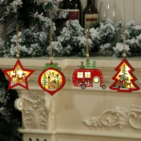 Adornos De Navidad Madera LED Luminoso Colgante Corte Láser Hueco Decoración Festiva Cálida