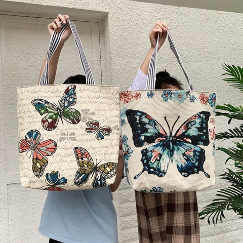Vintage Floral Butterfly Print Canvas Tote Bag Large Capacity Women Artistic Pattern Shoulder Handbag For Casual Travel Shopping