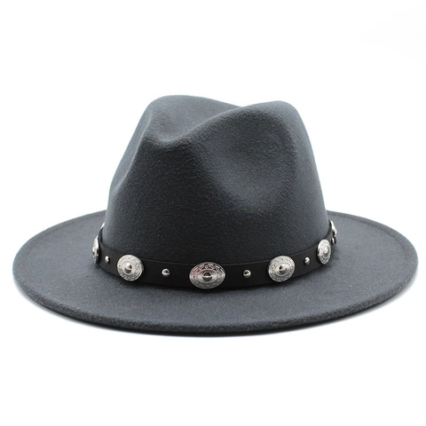 Vintage Fedora Hat Wool Felt Wide Brim Jazz Cap With Metal Studded Belt Western Bohemian Style For Men Women