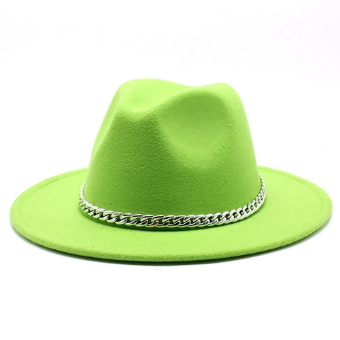 Vintage Fedora Hut Wollfilz Breite Krempe Flacher Rand Jazz Kappe Mit Silberner Metallkette Dekoration Für Herren Damen