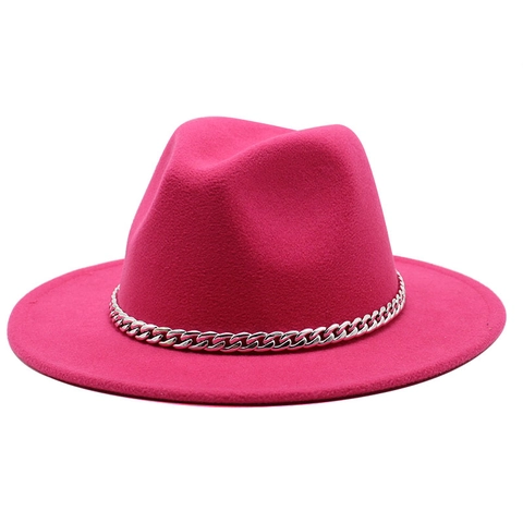 Vintage Fedora Hut Wollfilz Breite Krempe Flacher Rand Jazz Kappe Mit Silberner Metallkette Dekoration Für Herren Damen