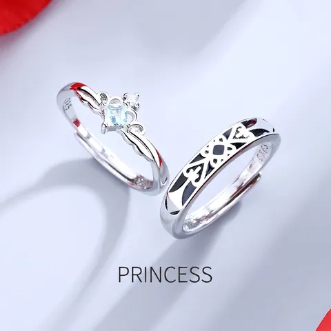 Anelli di Coppia Principessa E Cavaliere Design a Corona in Rame con Strass Anello Aperto Regolabile Regalo Romantico di Gioielleria