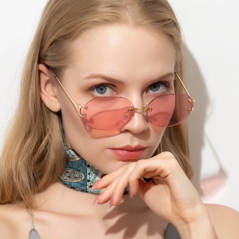 Rimless Oval Octagon Sunglasses UV Protection Metal Frame Candy Color Retro Fashion Eyewear For Men And Women Trendy