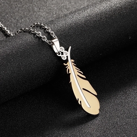 Feather Pendant Necklace Stainless Steel Inlaid Rhinestone Wing Charm O-Chain Fashion Jewelry For Men Women Couples