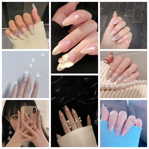 Unghie Finte Press On Aurora Farfalla Perla Artificial Forma Stiletto Resina Punte Artificiali Impermeabili Elegante