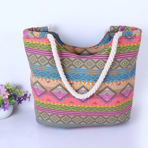 Bohemian Canvas Tote Bag Large Capacity Women Geometric Print Handbag With Cotton Rope Handle Beach Travel Shopping Zipper
