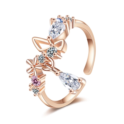 Anillo In Rame Farfalla Fiore Da Donna Regolabile Aperto Zirconia Cubica Ciondolo Goccia D'acqua Gioielli