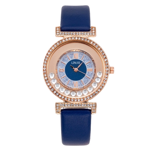 Damen Quarzuhr Roségold Legierung Gehäuse Strass Besetzt Mode Lederarmband Armbanduhr Mit Sternenzifferblatt Beweglichen Kristallen