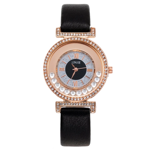 Damen Quarzuhr Roségold Legierung Gehäuse Strass Besetzt Mode Lederarmband Armbanduhr Mit Sternenzifferblatt Beweglichen Kristallen