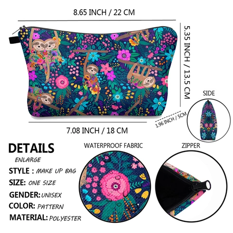 Make-up-Tasche Wasserdicht Polyester Digitaldruck Faultier Blumenmuster Reise Toilettenartikel Organizer Reißverschlusstasche Damen