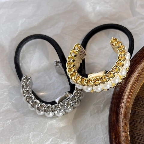 Retro Alloy Chain Faux Artificial Pearl Hair Ties High Elastic Rubber Band U-Shaped Hair Rings For Women Vintage Style Hair Accessories